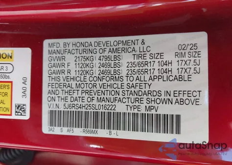 2025 Honda Cr-V Lx Awd из США, поврежденный, VIN 5J6RS4H25SL016222